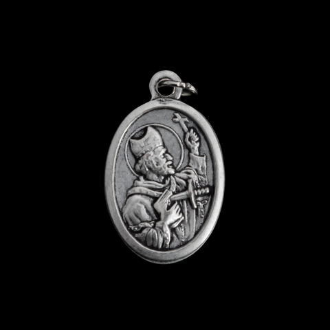 Saint Boniface medal that depicts the saint on the front with a pierced book and cross, the backside is marked "Pray For Us".