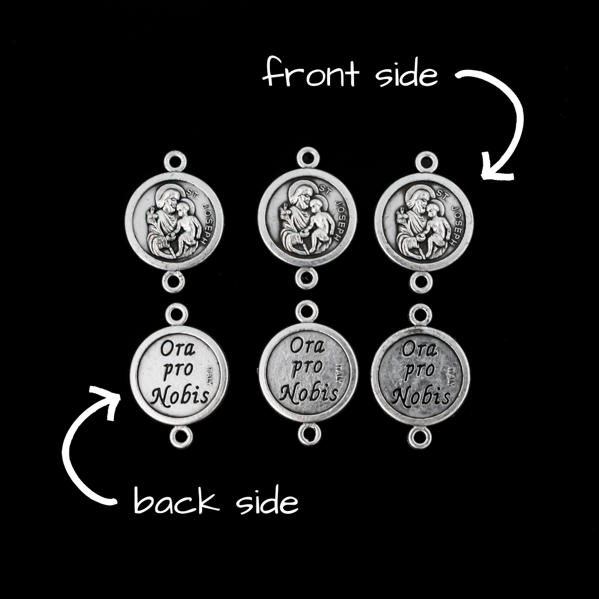 Saint Joseph round flat connector links that are silver oxidized plating on a base metal. The backside is marked "Ora Pro Nobis" in Latin which translates to pray for us