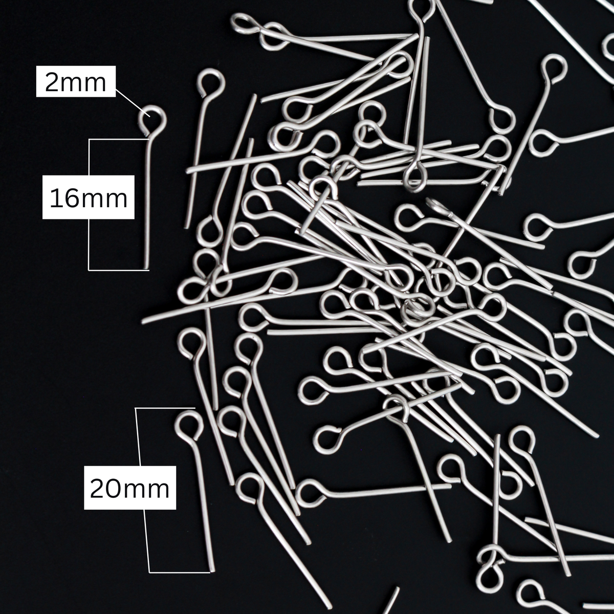Stainless Steel Eye Pins 16mm long x 0.8mm (20 Gauge) 10 grams