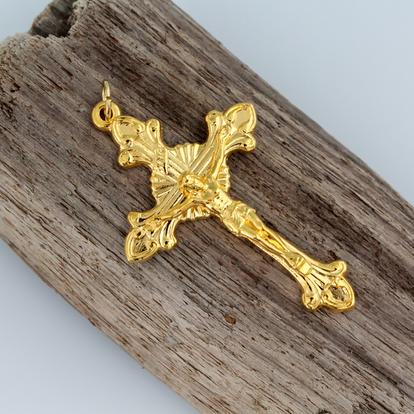 Gold Starburst Nimbus Crucifix Cross with Ornate Flared Edges 2-1/8" Long