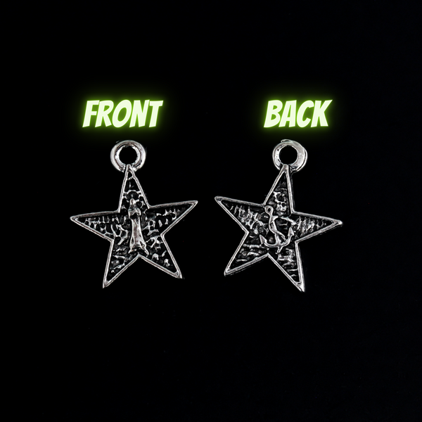 Small star-shaped charms that feature The Blessed Virgin Mary as Our Lady of the Sea on the front side and an anchor on the backside.