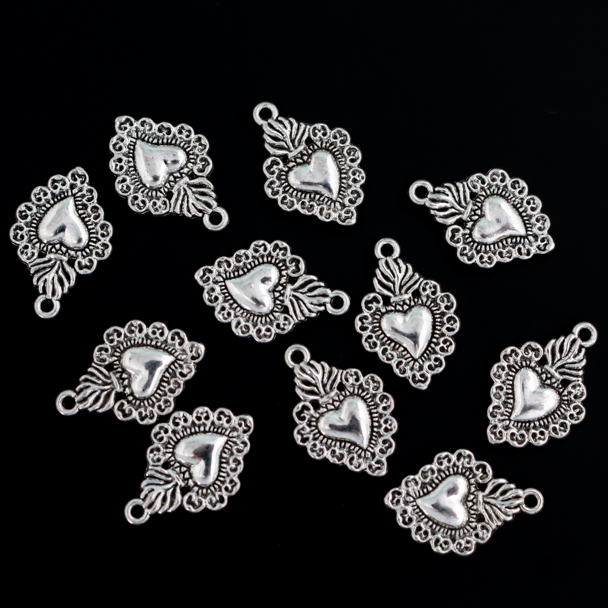 Small Sacred Heart Charms Silver Tone - Milagro Flaming Heart Pendants 20pcs