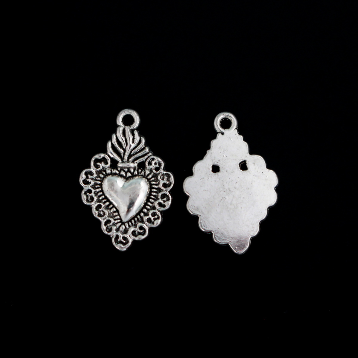 Small Sacred Heart Charms Silver Tone - Milagro Flaming Heart Pendants 20pcs