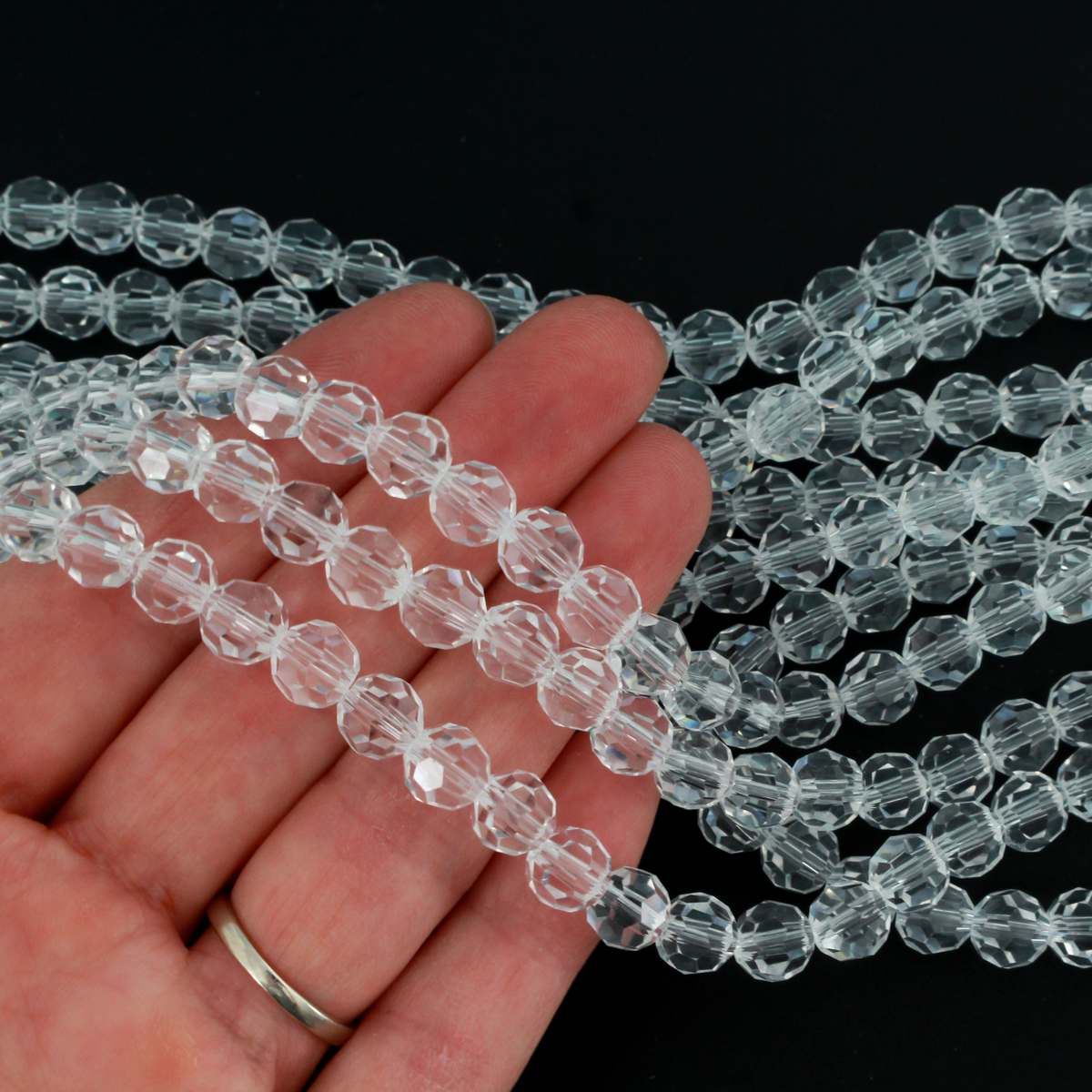 Transparent Glass Bead Strand 7.2mm Round Faceted Crystal Beads - 68pcs/strand