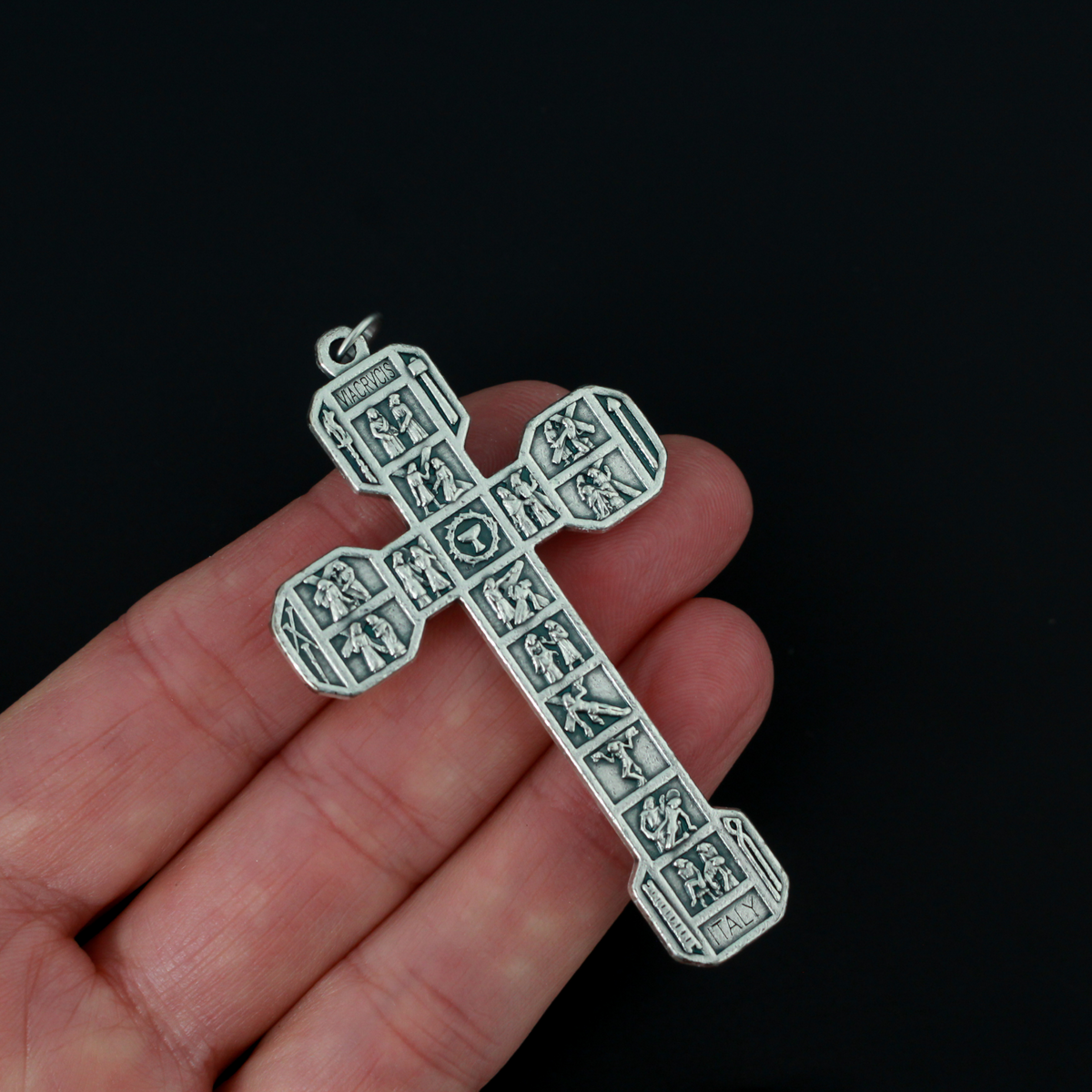 Large Via Crucis crucifix pendant. Surrounding the corpus of Christ on this the cross are images of the four authors of the Gospels - Matthew, Mark, Luke and John