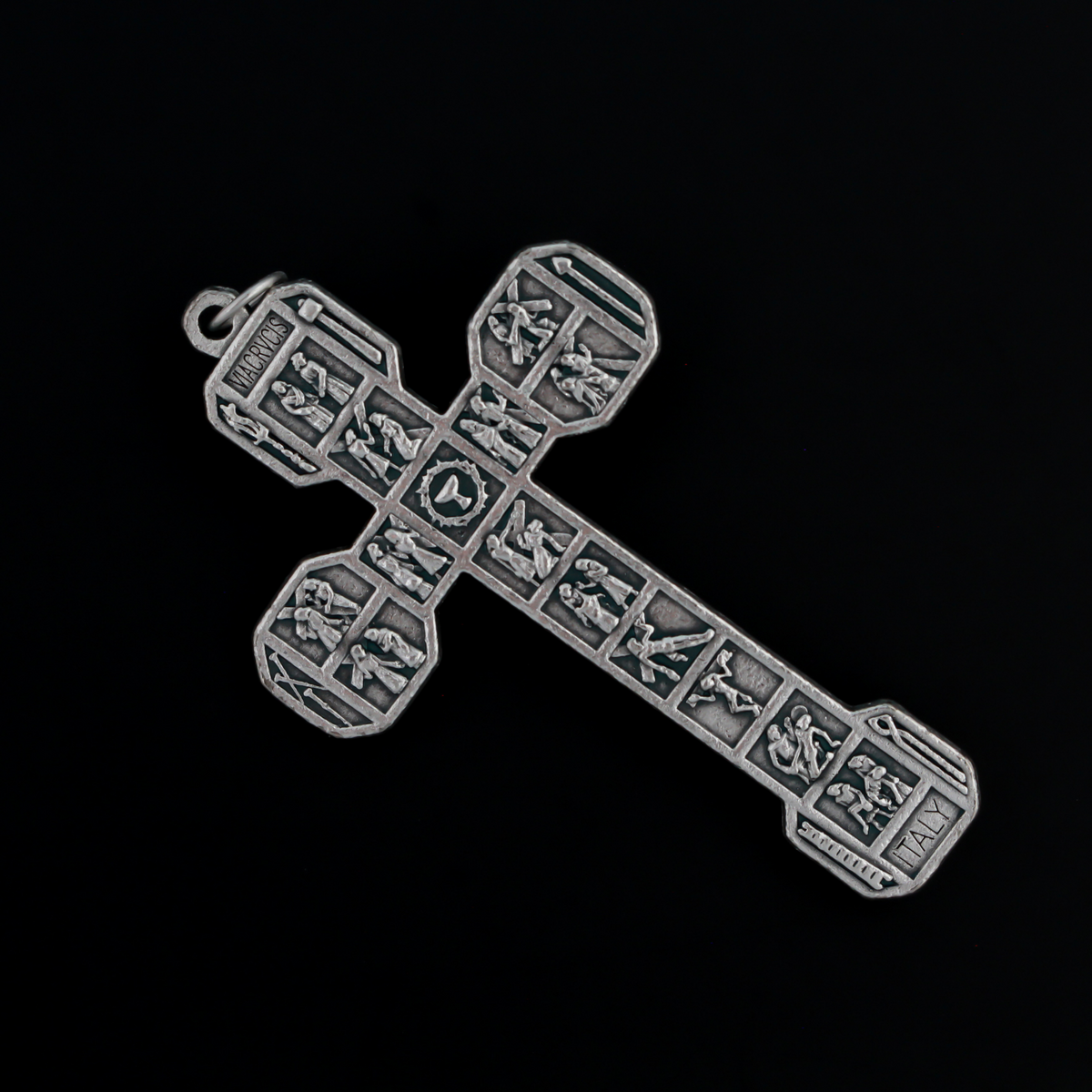 Large Via Crucis crucifix pendant. Surrounding the corpus of Christ on this the cross are images of the four authors of the Gospels - Matthew, Mark, Luke and John