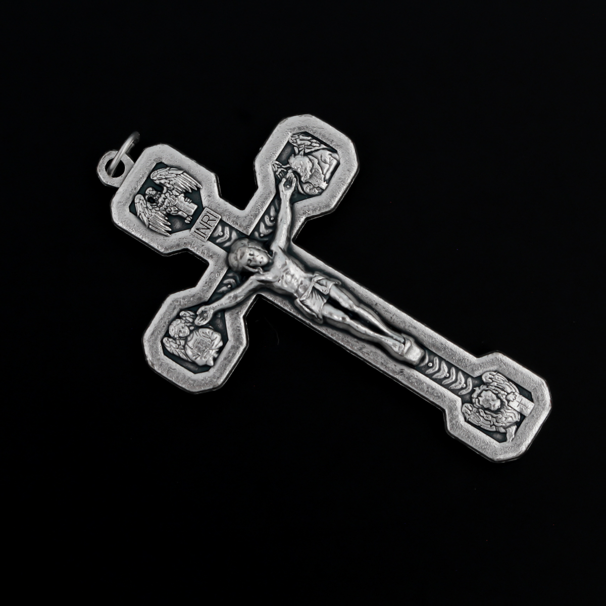 Large Via Crucis crucifix pendant. Surrounding the corpus of Christ on this the cross are images of the four authors of the Gospels - Matthew, Mark, Luke and John
