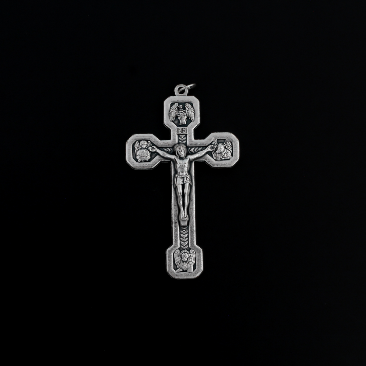 Large Via Crucis crucifix pendant. Surrounding the corpus of Christ on this the cross are images of the four authors of the Gospels - Matthew, Mark, Luke and John