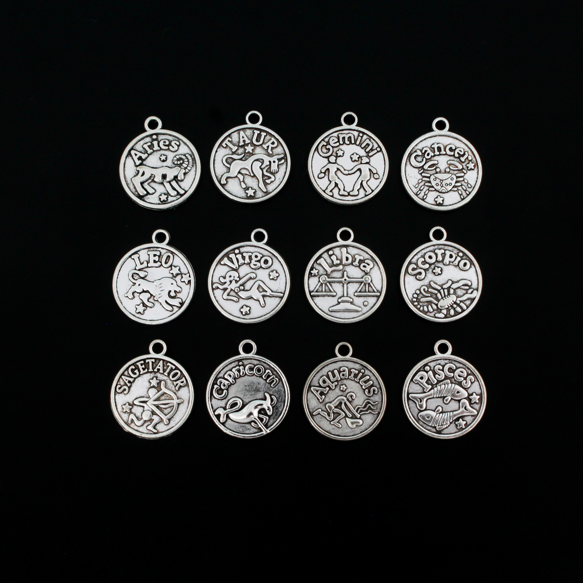 12 Zodiac Horoscope Symbol Charms in Antique Silver - 20mm x 17mm, 1 Set ( 12pcs/set)