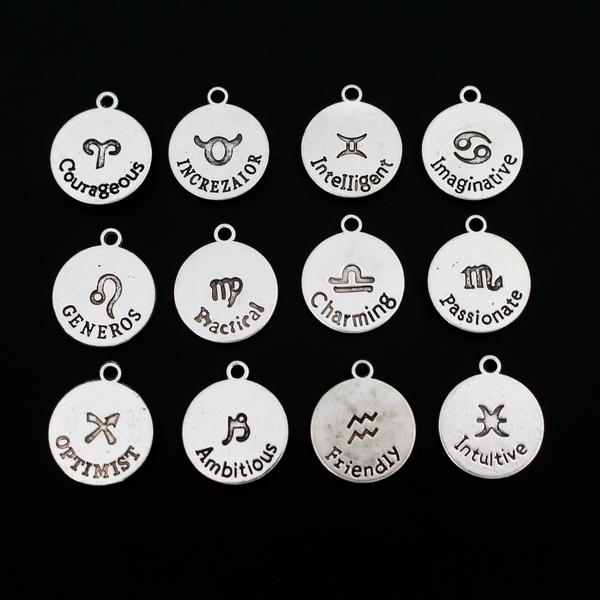 12 Zodiac Horoscope Symbol Charms in Antique Silver - 20mm x 17mm, 1 Set ( 12pcs/set)