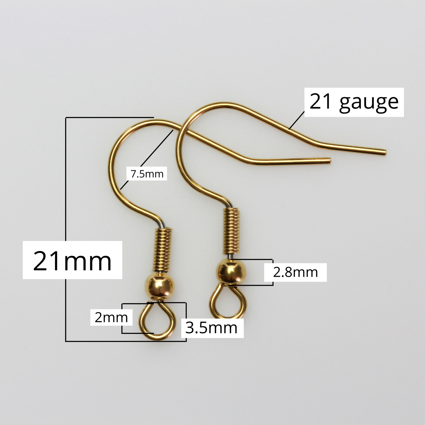 304 Stainless steel earring hooks that have 18k gold plating with a horizontal loop, 21 gauge wire