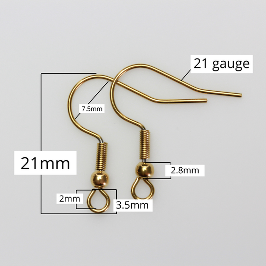 304 Stainless steel earring hooks that have 18k gold plating with a horizontal loop, 21 gauge wire