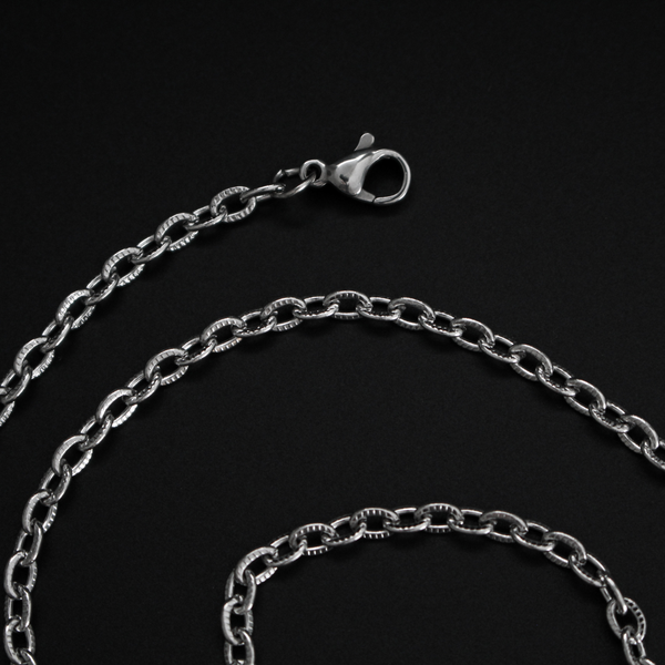 Stainless steel cable necklace chain with textured links and a lobster claw clasp, 50cm long