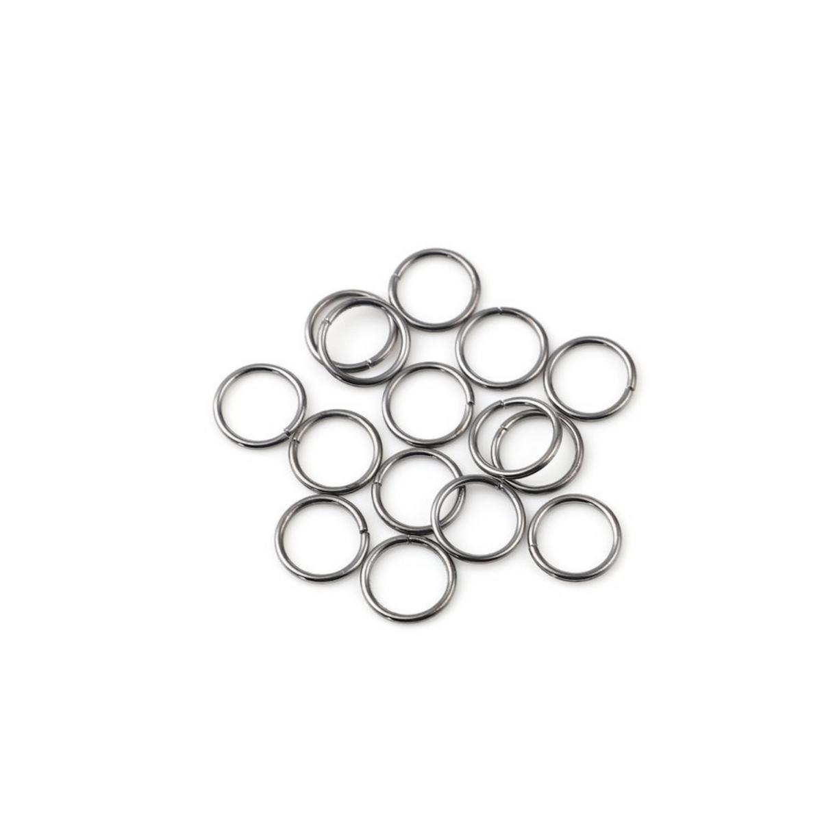 5mm gunmetal gray jump rings made from an iron-based alloy.