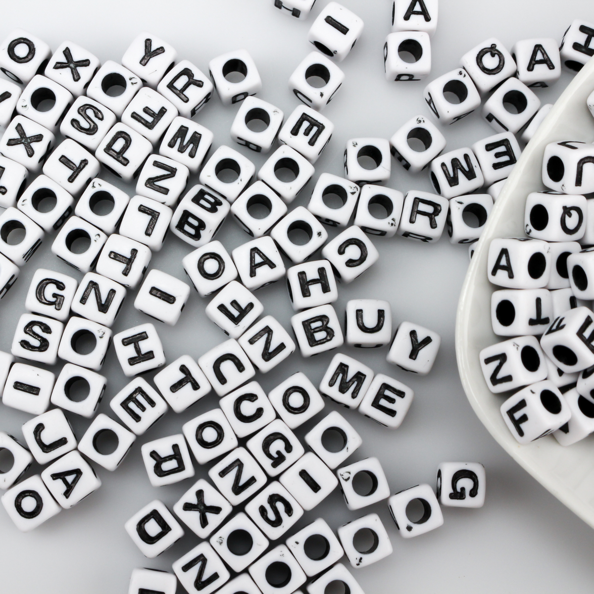 6.5mm square cube beads white with black alphabet letters