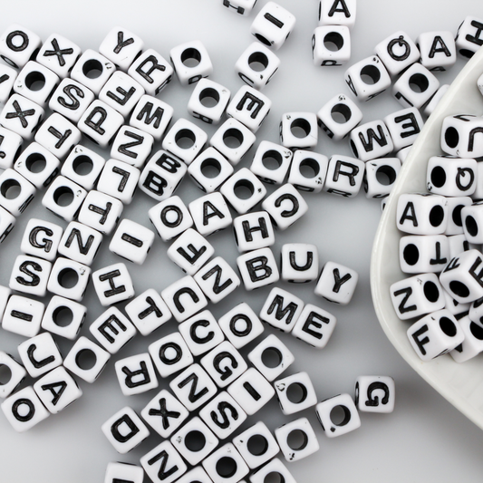 6.5mm square cube beads white with black alphabet letters