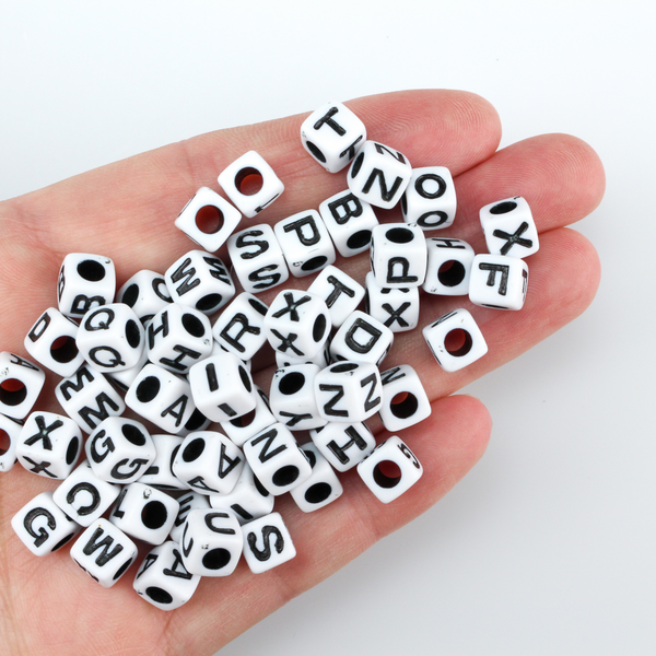 6.5mm Alphabet Cube Beads - White Acrylic Square Opaque - Random Mix of 125 Beads