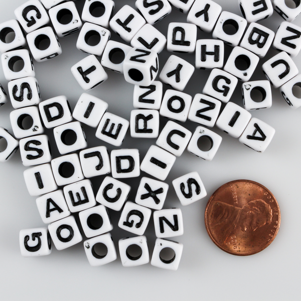 6.5mm Alphabet Cube Beads - White Acrylic Square Opaque - Random Mix of 125 Beads