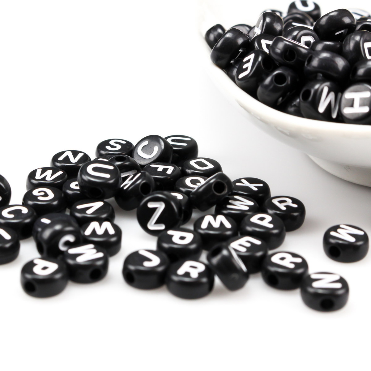 7mm Alphabet Beads - Black Acrylic Flat Round Opaque - Random Mix of 150 Beads