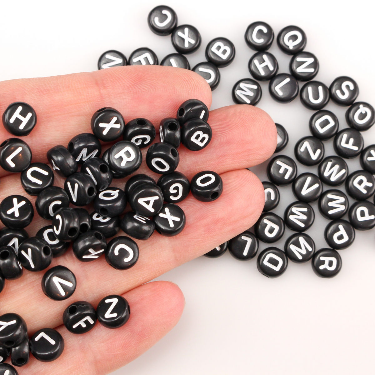 7mm Alphabet Beads - Black Acrylic Flat Round Opaque - Random Mix of 150 Beads