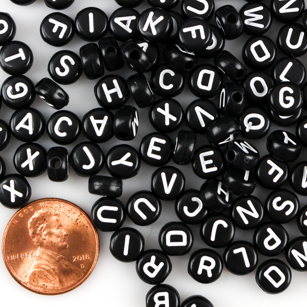 7mm Alphabet Beads - Black Acrylic Flat Round Opaque - Random Mix of 150 Beads