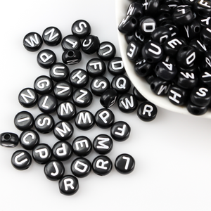 black acrylic 7mm round flat beads with alphabet letters on both sides