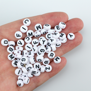white acrylic 7mm round flat beads with alphabet letters on both sides
