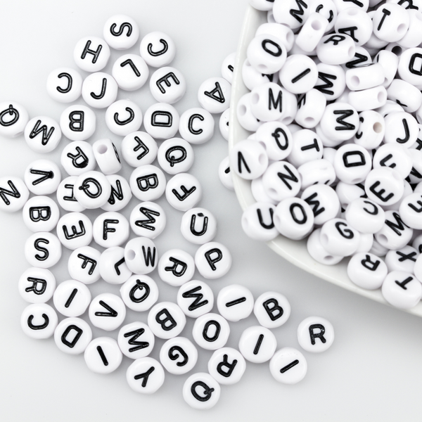 7mm Alphabet Beads - White Acrylic Flat Round Opaque - Random Mix of 150 Beads