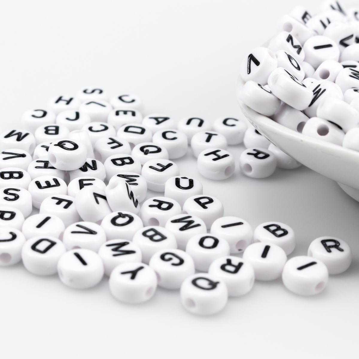 7mm Alphabet Beads - White Acrylic Flat Round Opaque - Random Mix of 150 Beads