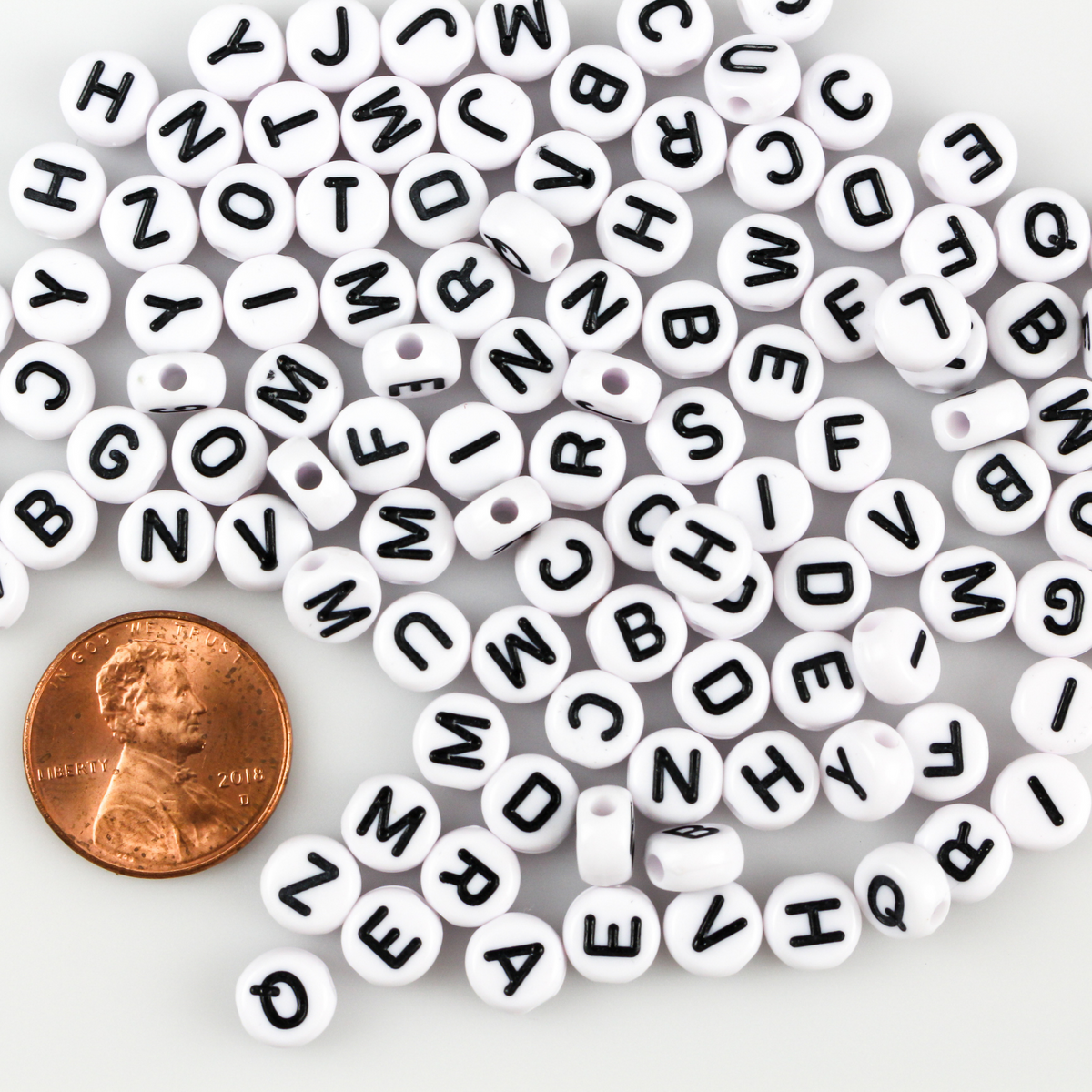 7mm Alphabet Beads - White Acrylic Flat Round Opaque - Random Mix of 150 Beads