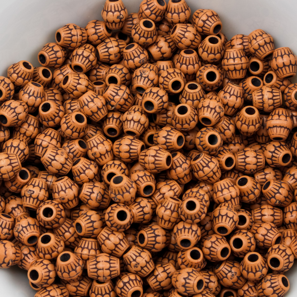 7mm Acrylic Brown Barrel Beads - Imitation Wood Ornate Faux Carved Prayer Beads for Five Decade Rosary - 60 Beads