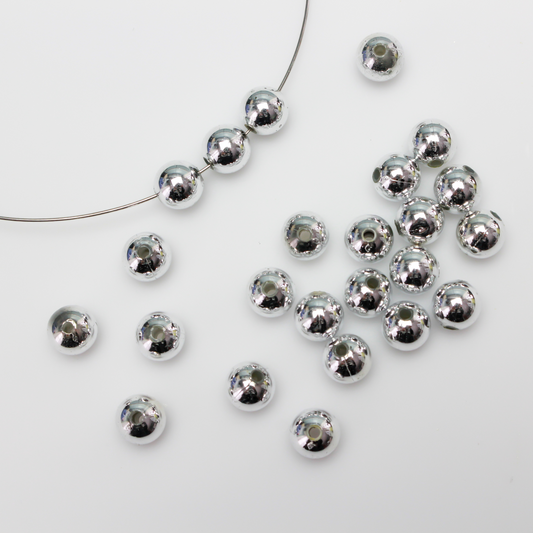 8mm round plastic beads with a shiny silver metallic plating. 
