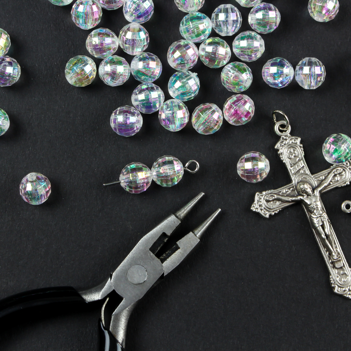 8mm Clear Aurora Borealis Beads - AB Iridescent Transparent Faceted Acrylic Gumball Prayer Beads for Five Decade Rosary - 60 Beads