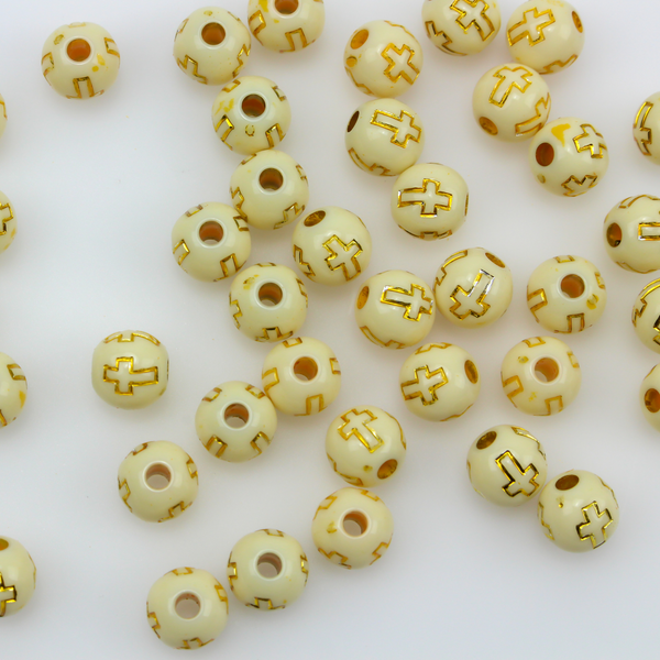 Beige (off-white) acrylic beads with a metallic gold etched cross design. The beads are 8mm round with a 2mm hole size