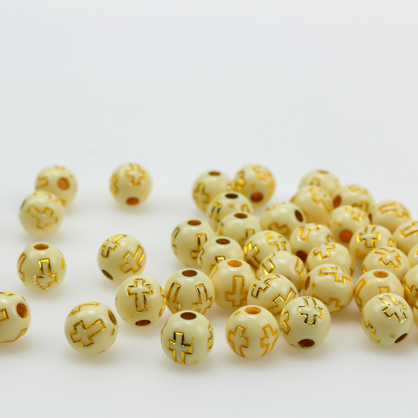 Beige (off-white) acrylic beads with a metallic gold etched cross design. The beads are 8mm round with a 2mm hole size