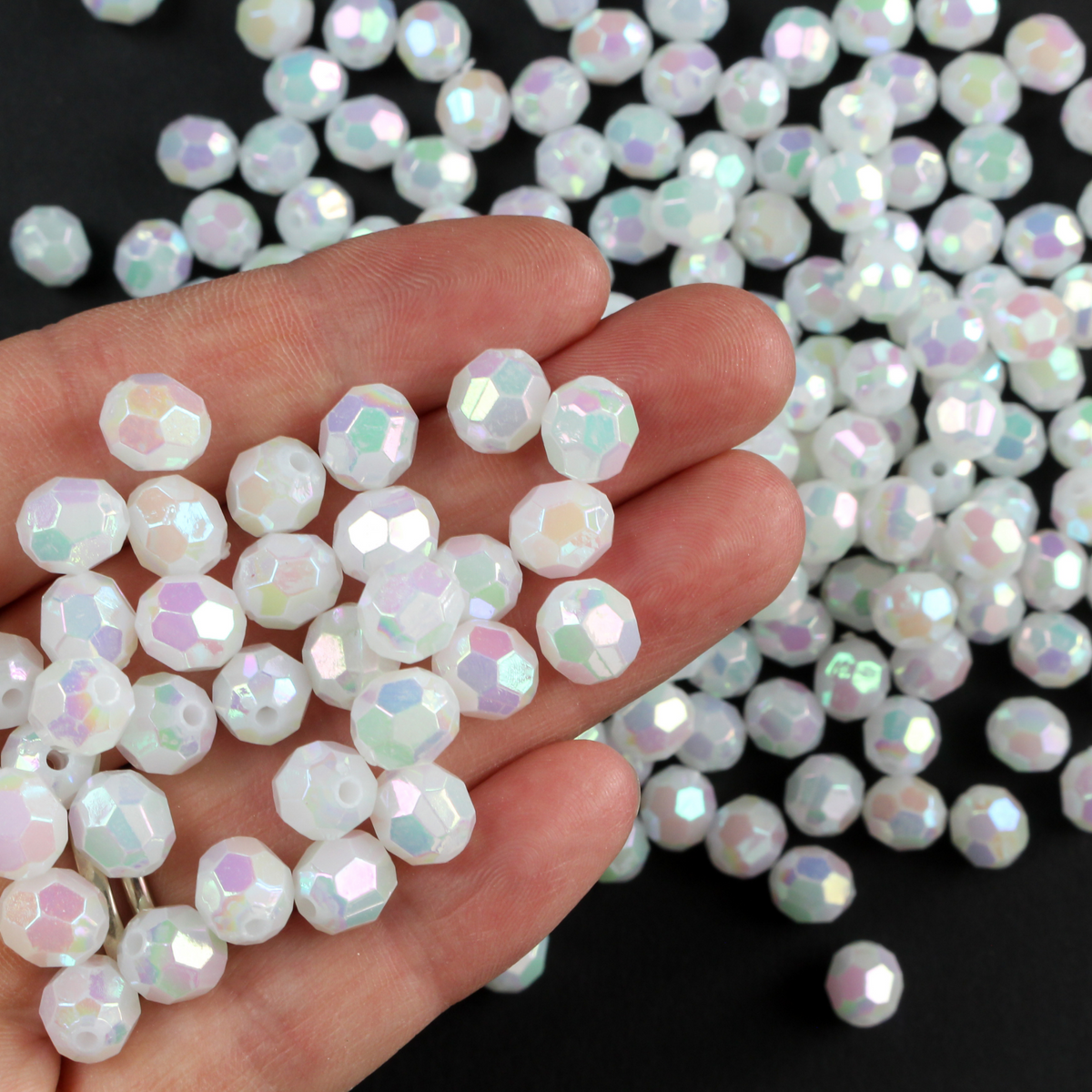 8mm White Aurora Borealis Beads - AB Iridescent Opaque Faceted Acrylic Gumball Prayer Beads for Five Decade Rosary - 60 Beads