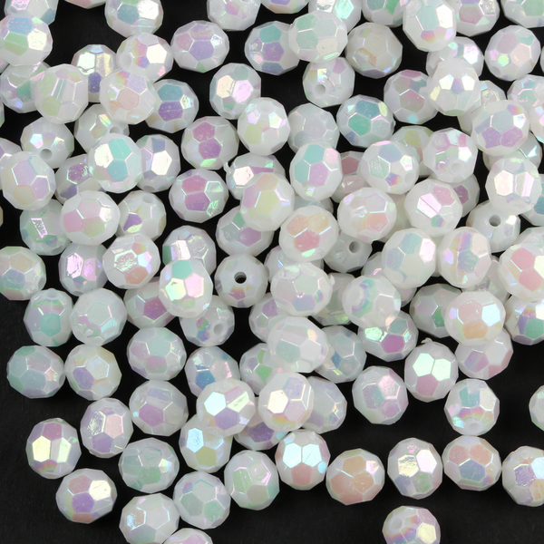 8mm White Aurora Borealis Beads - AB Iridescent Opaque Faceted Acrylic Gumball Prayer Beads for Five Decade Rosary - 60 Beads
