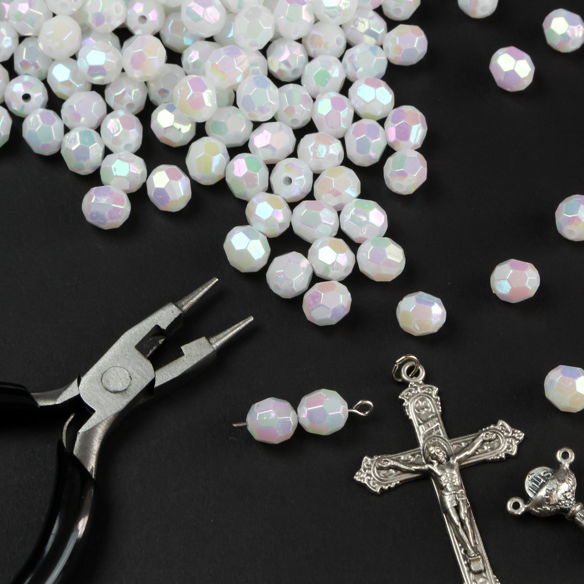 8mm White Aurora Borealis Beads - AB Iridescent Opaque Faceted Acrylic Gumball Prayer Beads for Five Decade Rosary - 60 Beads