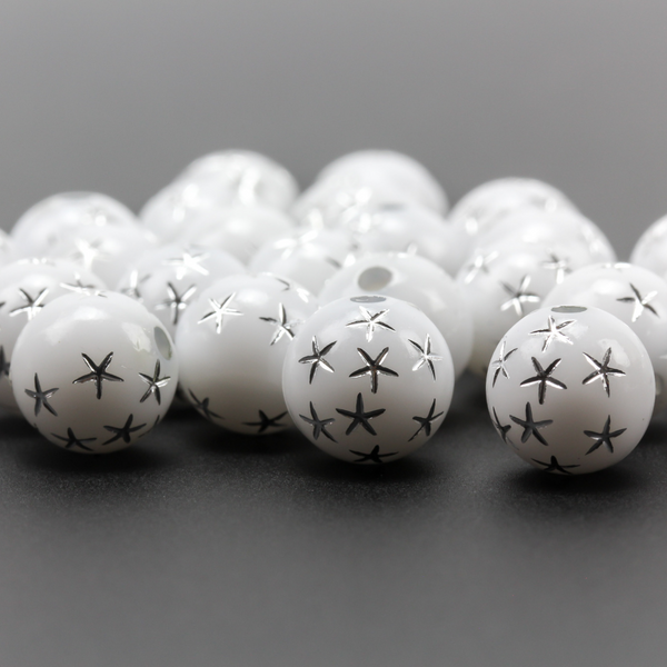 8mm White Beads with Silver Stars - Celestial Queen of Heaven Prayer Beads for Five Decade Rosary - 60 Beads