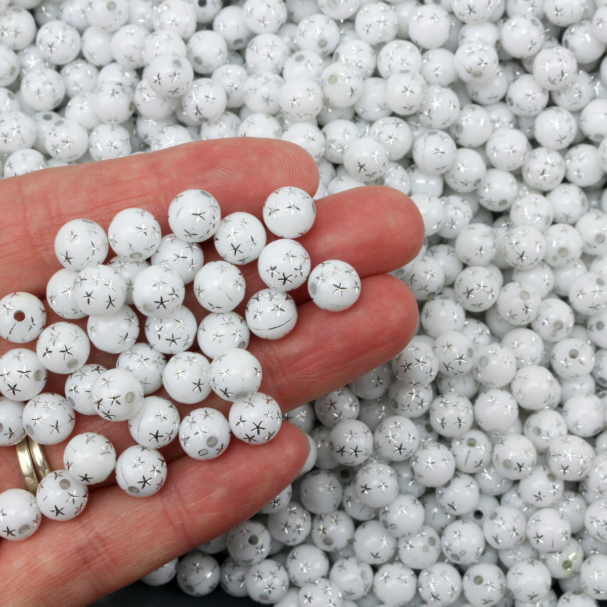 8mm White Beads with Silver Stars - Celestial Queen of Heaven Prayer Beads for Five Decade Rosary - 60 Beads