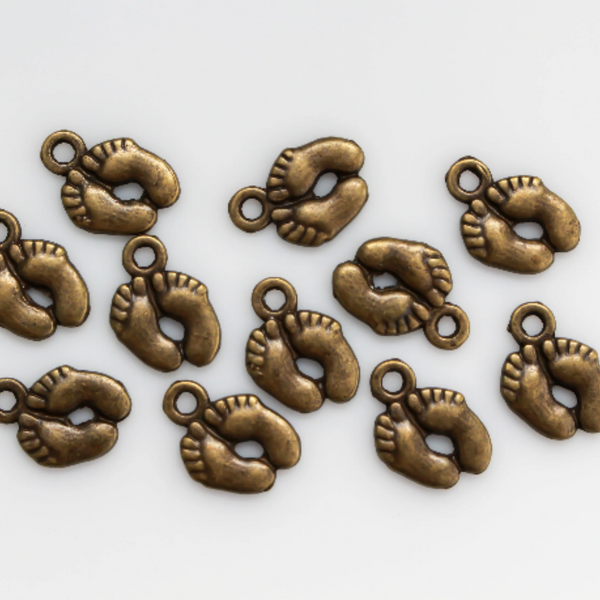 Bronze baby feet charms for jewelry marking or craft projects, 14mm long