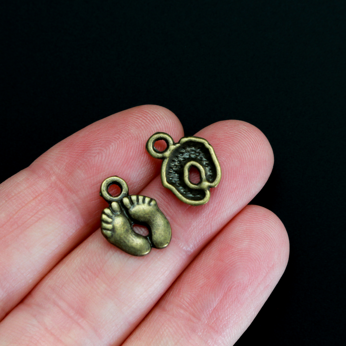 Bronze baby feet charms for jewelry marking or craft projects, 14mm long