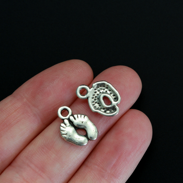 Silver baby feet charms for jewelry marking or craft projects, 14mm long