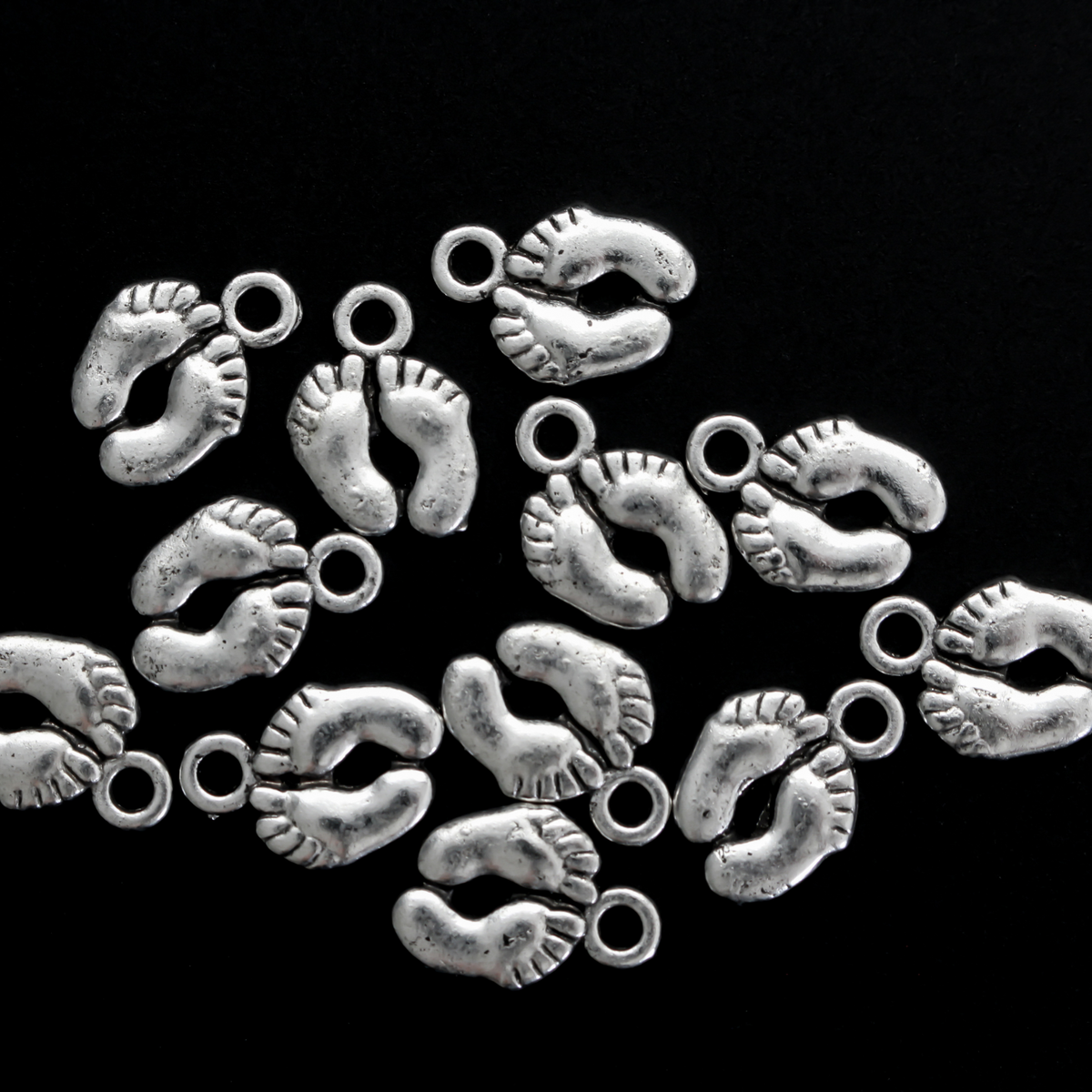 Silver baby feet charms for jewelry marking or craft projects, 14mm long