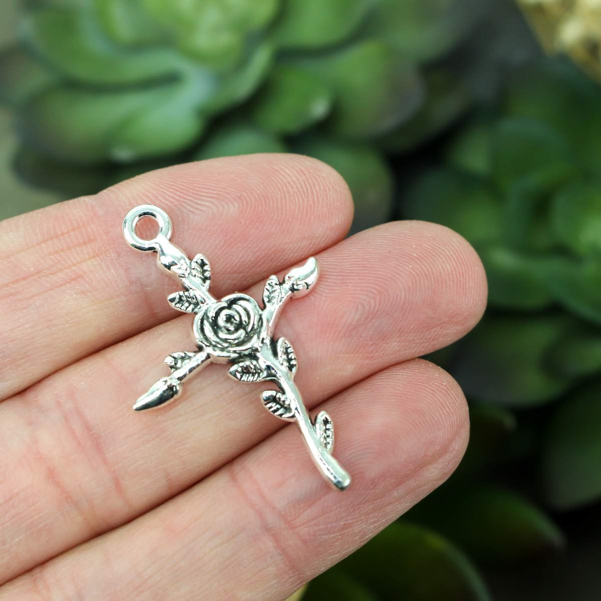 silver rose cross christian charm