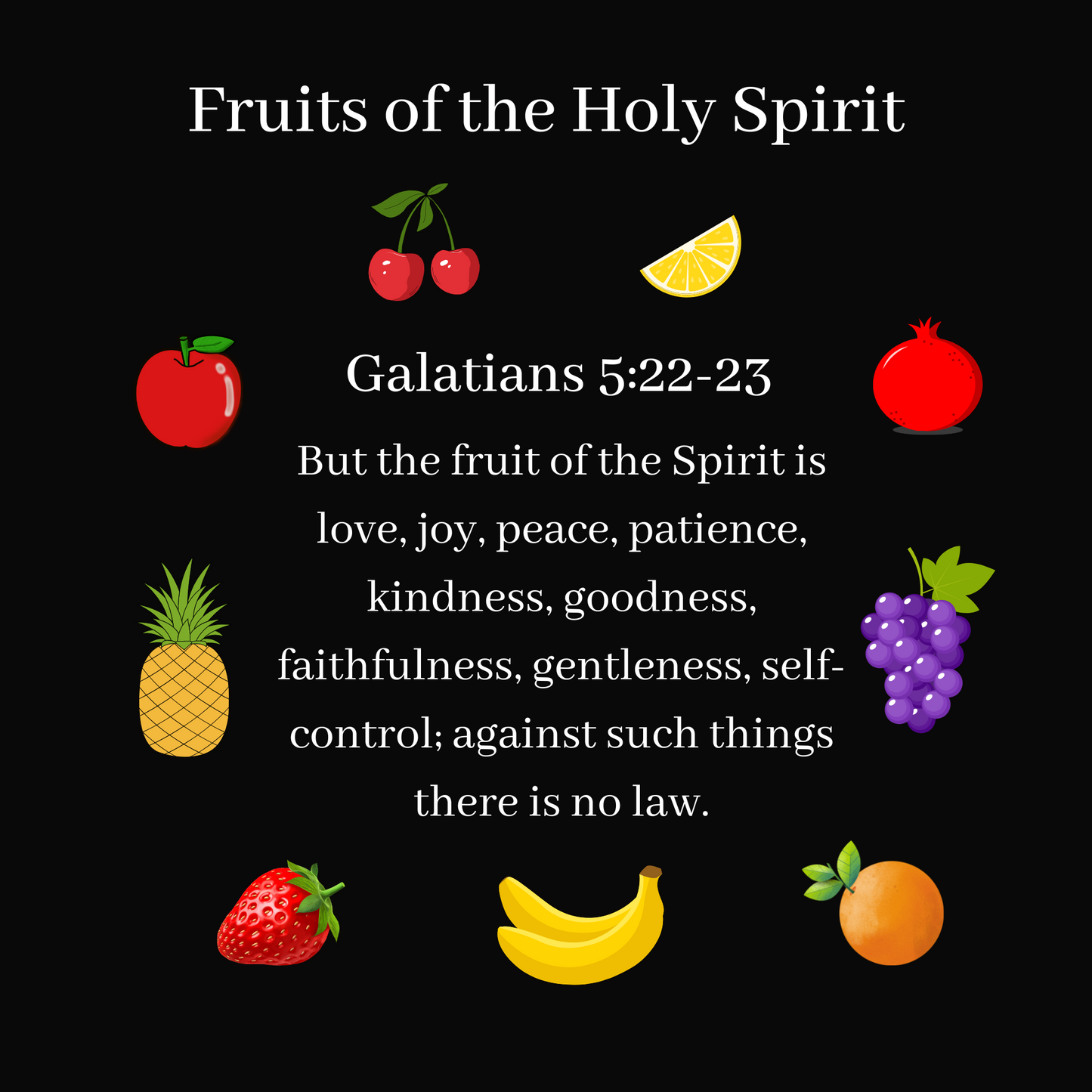 The Fruits of the Holy Spirit charm set. The set consists of 9 fruit charms that are Antiqued silver tone in color