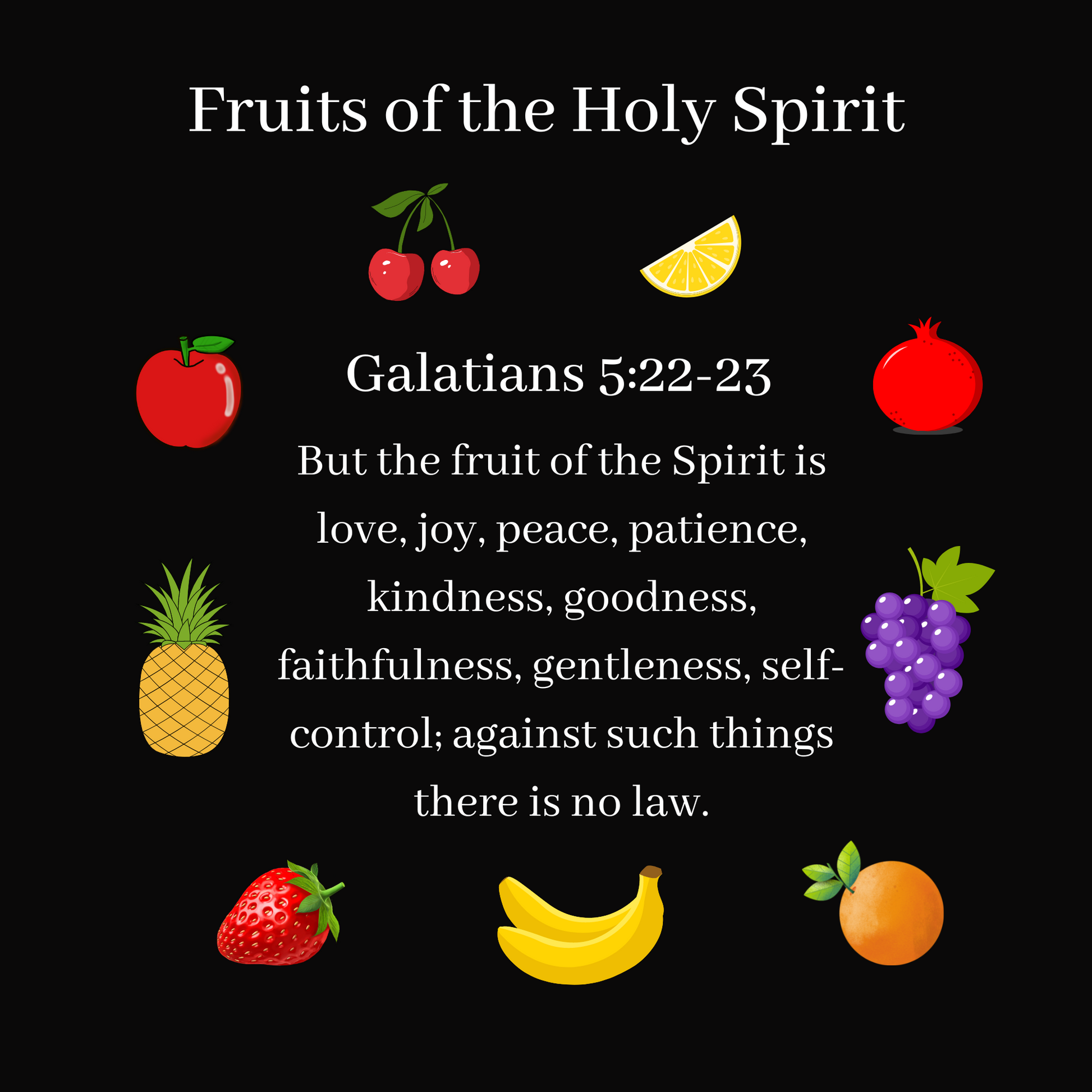The Fruits of the Holy Spirit charm set. The set consists of 9 fruit charms that are Antiqued silver tone in color