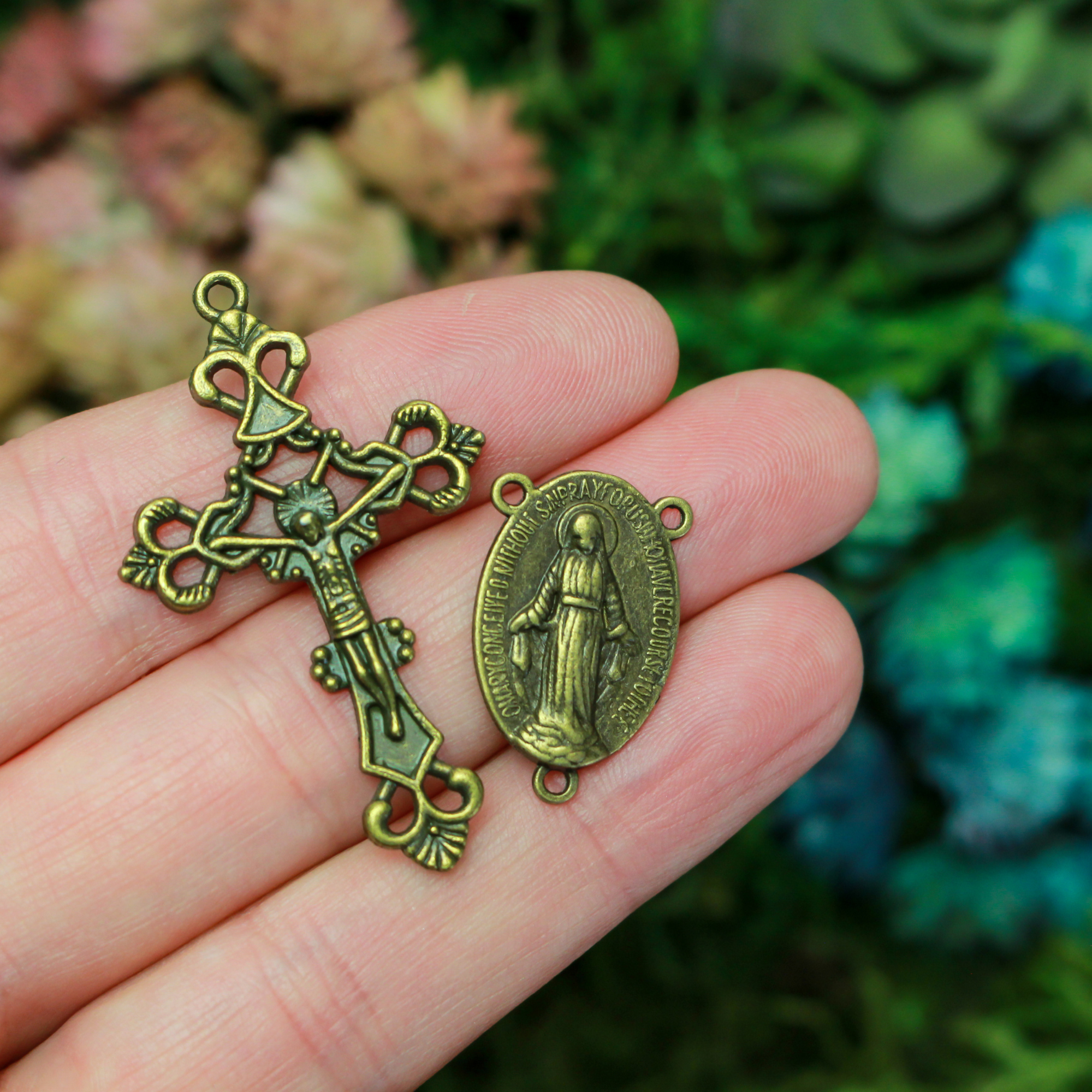 Bronze Rosary Centerpiece and Crucifix Set - Virgin Mary Center and Jesus Crucifix