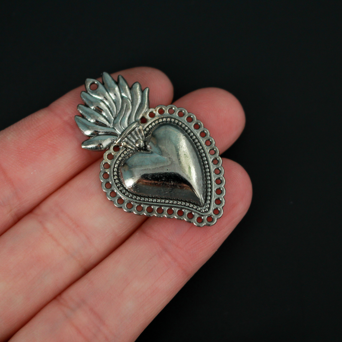 Sacred Heart Pendant Mexican Milagro Style - Shiny Gunmetal Gray Color