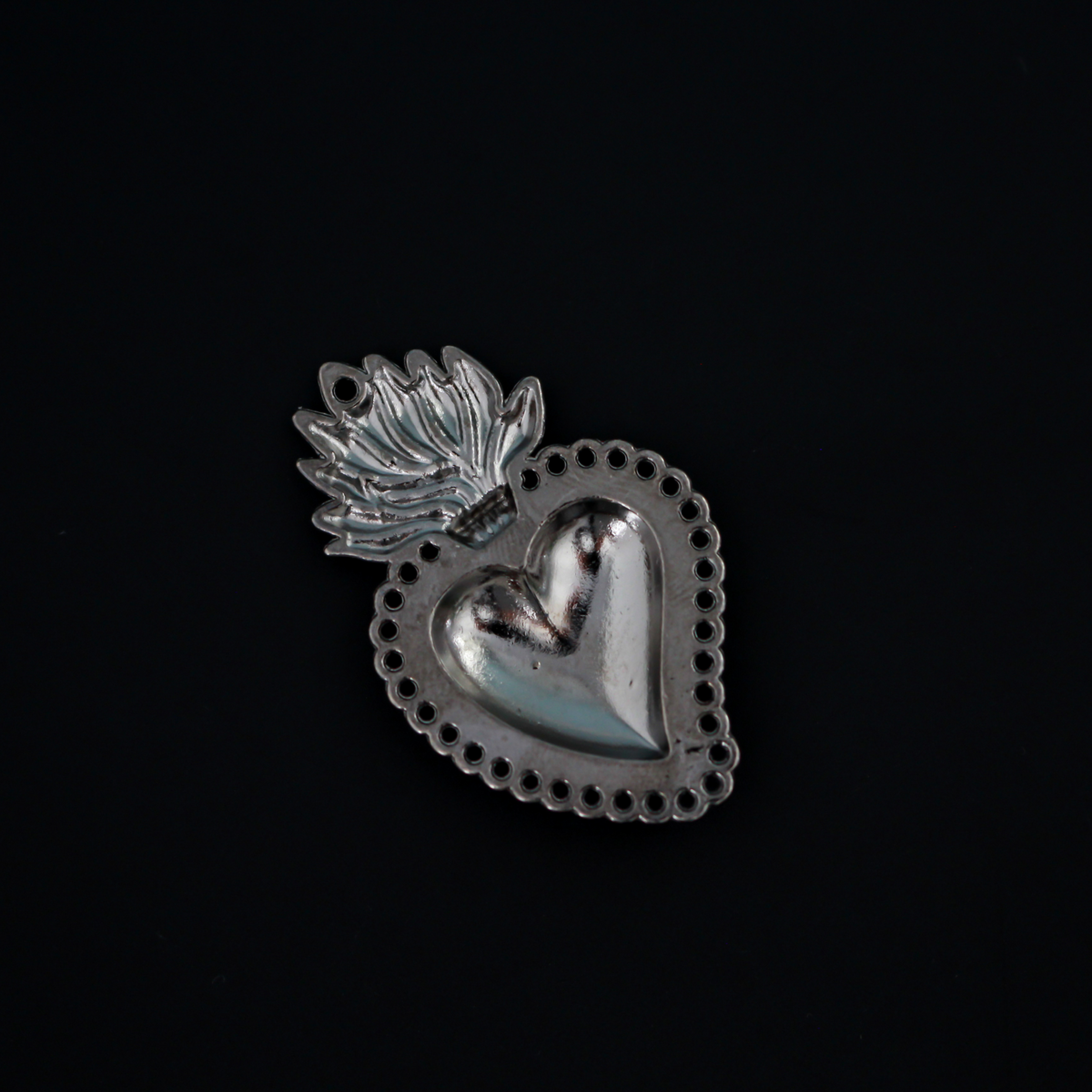 Sacred Heart Pendant Mexican Milagro Style - Shiny Gunmetal Gray Color